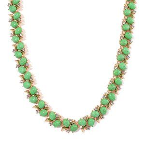 Green Howlite and White Austrian Crystal Necklace in Goldtone